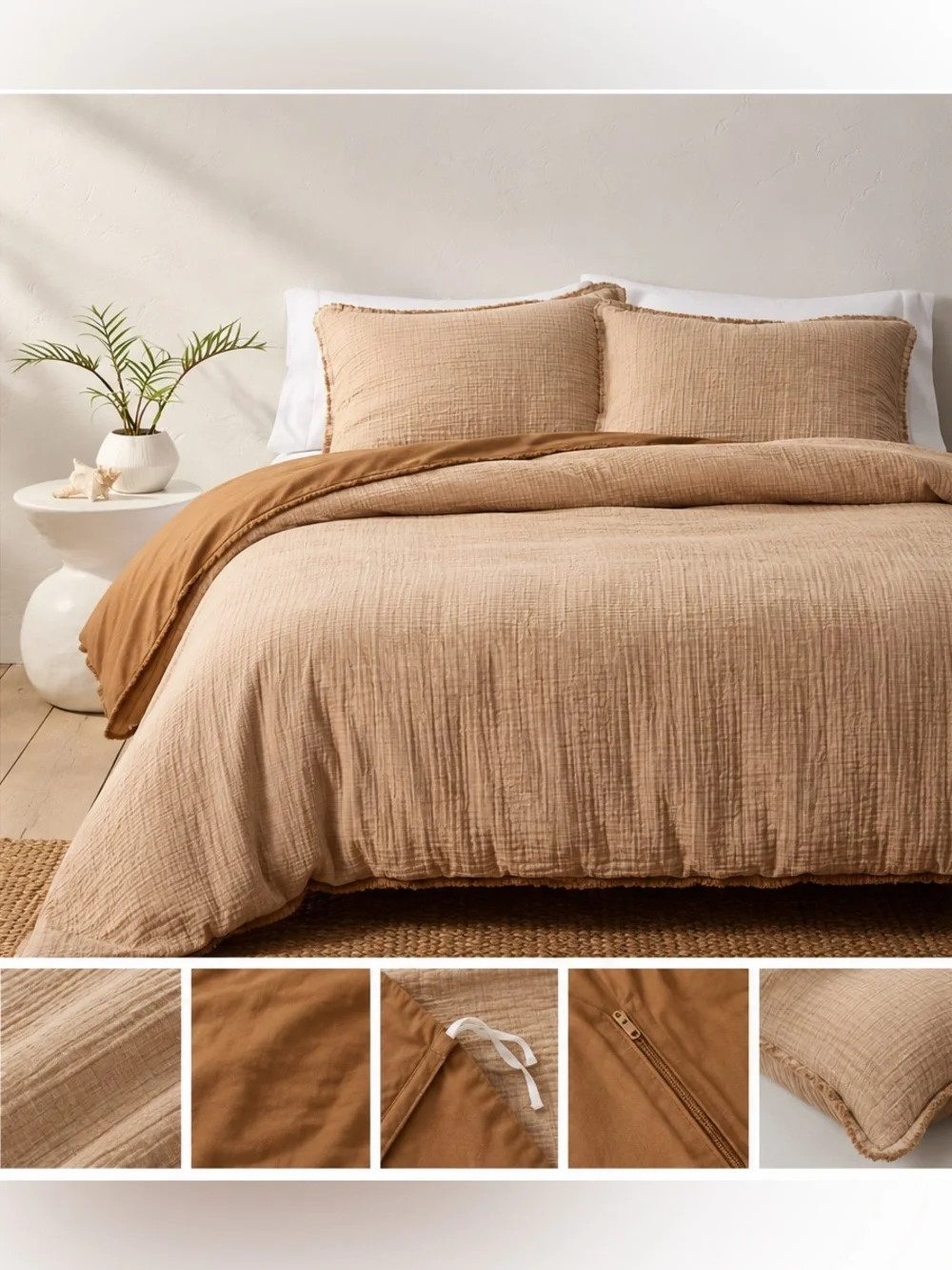 Casaluna Textured Chambray Cotton Duvet Cover 3pc Set Warm Brown Full Queen